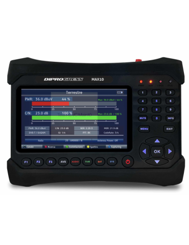 Misuratore Combo TV/SAT/FIBRA DVB-S2/T2/Fibra HEVC 10 Bit DCSS Display 7'' HD MAX10 Auriga DIPROGRESS - DPMAX10