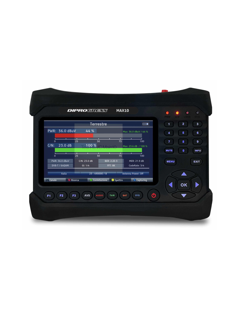 Misuratore Combo TV/SAT/FIBRA DVB-S2/T2/Fibra HEVC 10 Bit DCSS Display 7'' HD MAX10 Auriga DIPROGRESS - DPMAX10