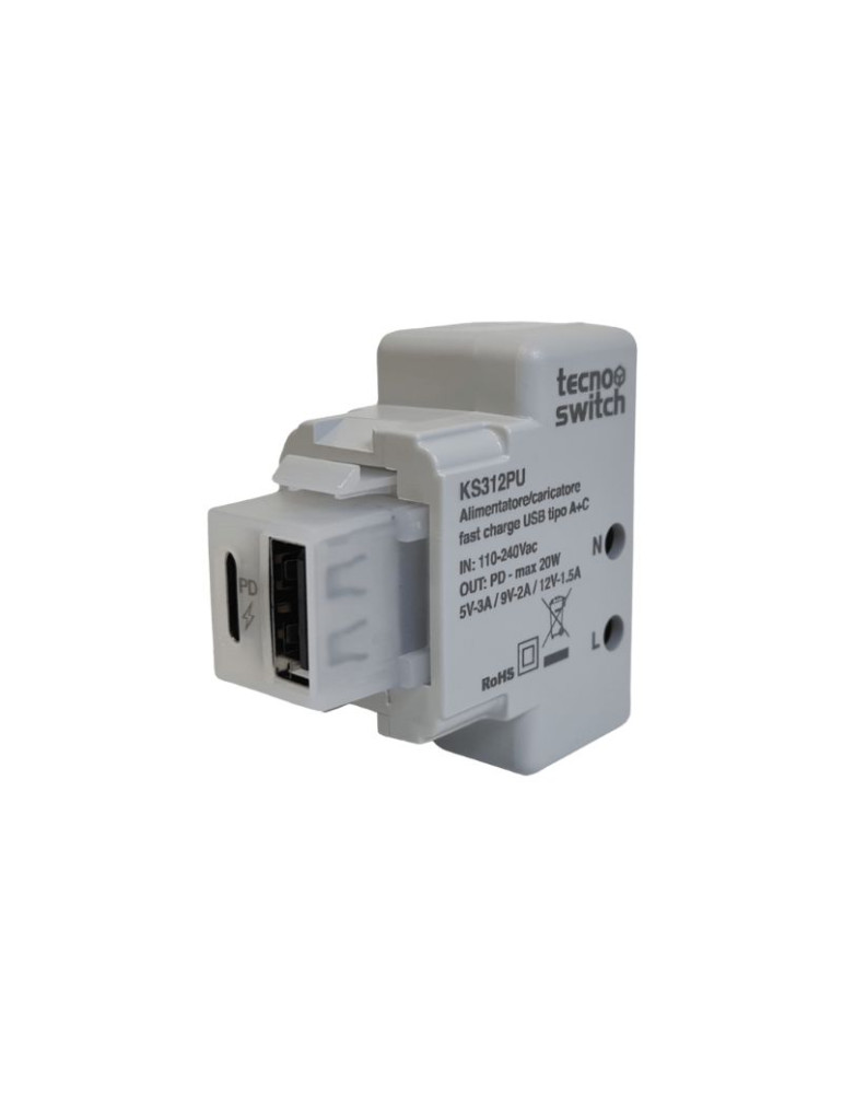 Alimentatore Da Incasso KEYSTONE USB C + A PD 20W TECNOSWITCH - KS312PU